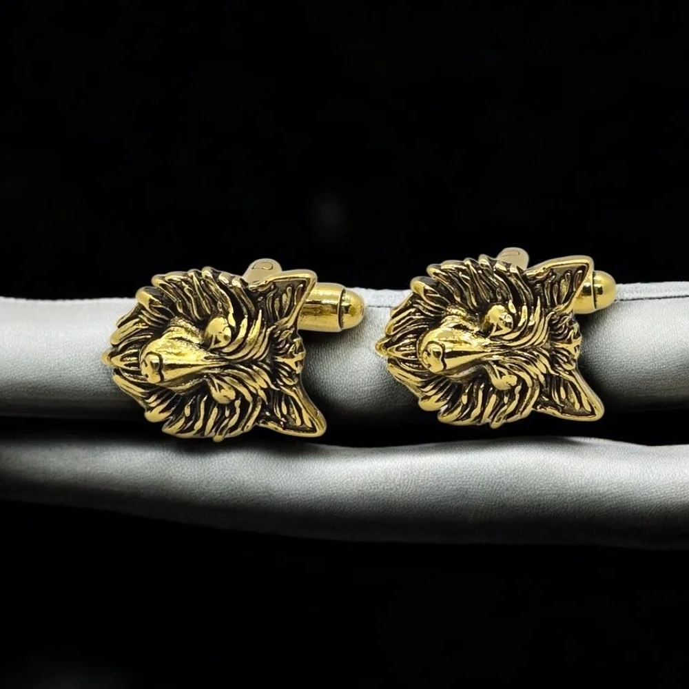 Gold Wolf Head Cufflinks • Men’s Tux Formal Wear • Groom Groomsmen Jewelry Gift